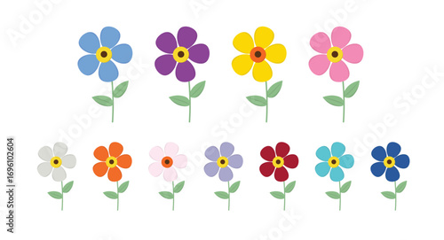Colorful Simple Flowers Collection with Green Stems and Leaves Isolated on White