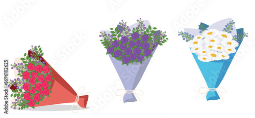 Colorful Wrapped Flower Bouquets with Roses Daisies and Blossoms Isolated on White