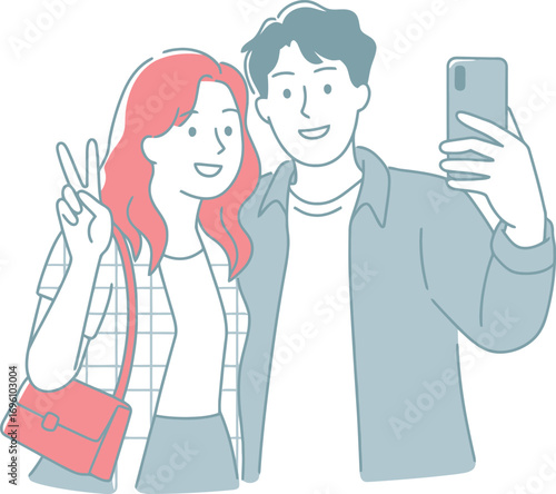 Cheerful young couple taking a selfie with a smartphone while making a peace sign and smiling