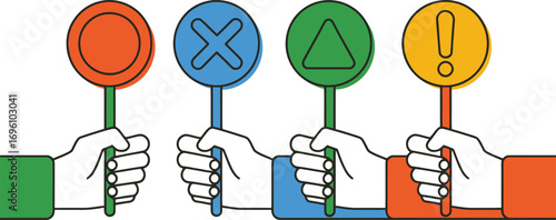 Feedback hands holding signs with circle, cross, triangle, exclamation point symbols show evaluation reaction