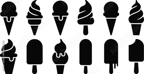 Black ice cream silhouette icon set featuring cones, popsicles, and soft serve designs with dripping and swirl details