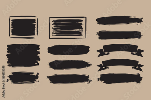 Collection of black brush stroke elements and banners on a beige background