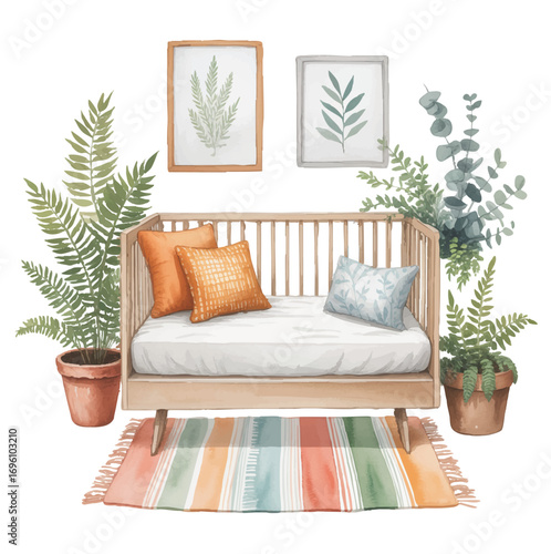 Boho Baby Crib Vector Illustration with Plants and Pillows Nursery Interior
