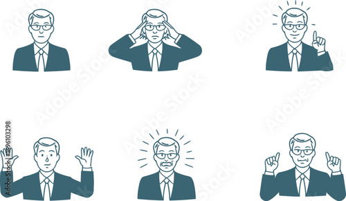 Business professional expresses emotions and ideas with hand gestures in simple line art style for presentations