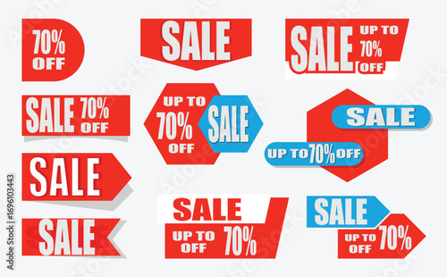 Red and Blue Sale Discount Labels Collection Isolated on Transparent Background