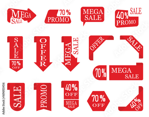 Red promotional sale banners and discount labels vector set