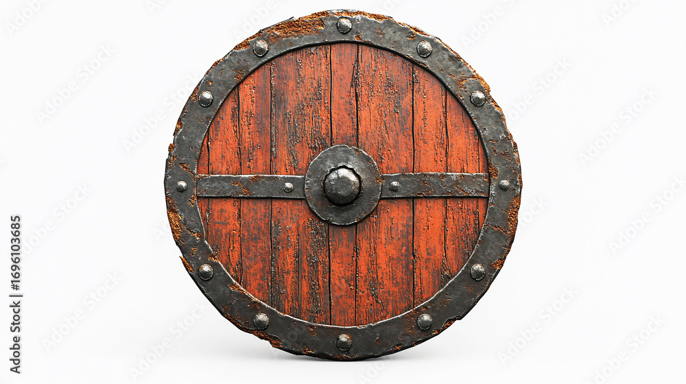 Fototapeta premium Rusted and damaged medieval round shield isolated on white background