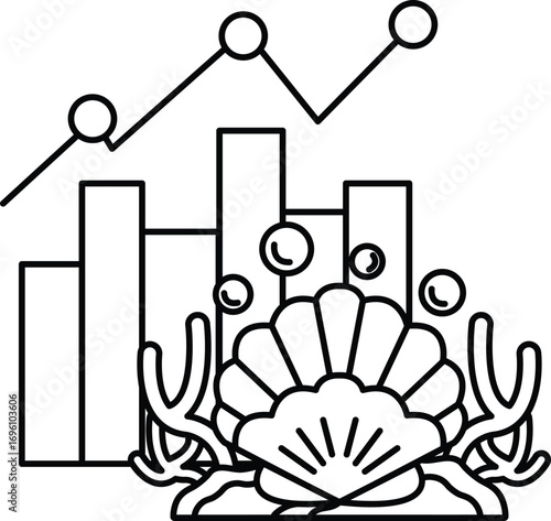 A black and white drawing of a shell and some buildings