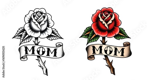 Fototapeta Naklejka Na Ścianę i Meble -  Classic tattoo design of a rose with a banner that says mom isolated on white background, perfect for a mothers day or memorial tribute