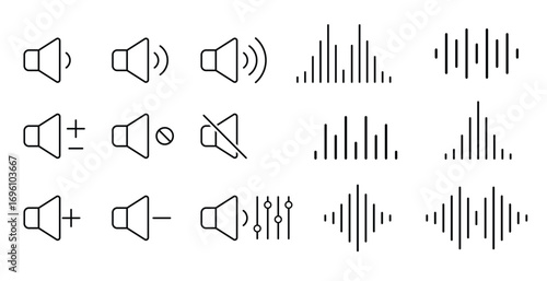 Sound and volume icons with audio waveforms and equalizer vector illustration