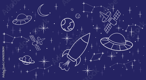 Space exploration with rocket satellites planets constellations and UFO vector illustration