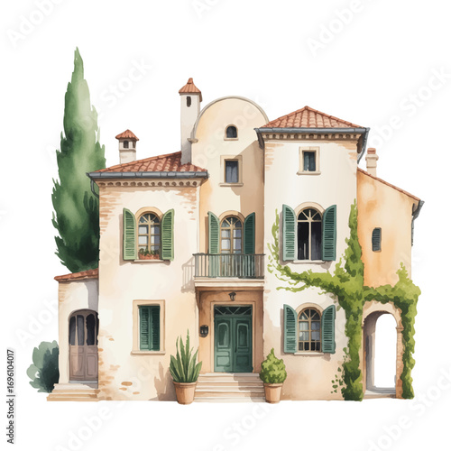 Italian Villa Vector Illustration Mediterranean House with Cypress Trees and Garden