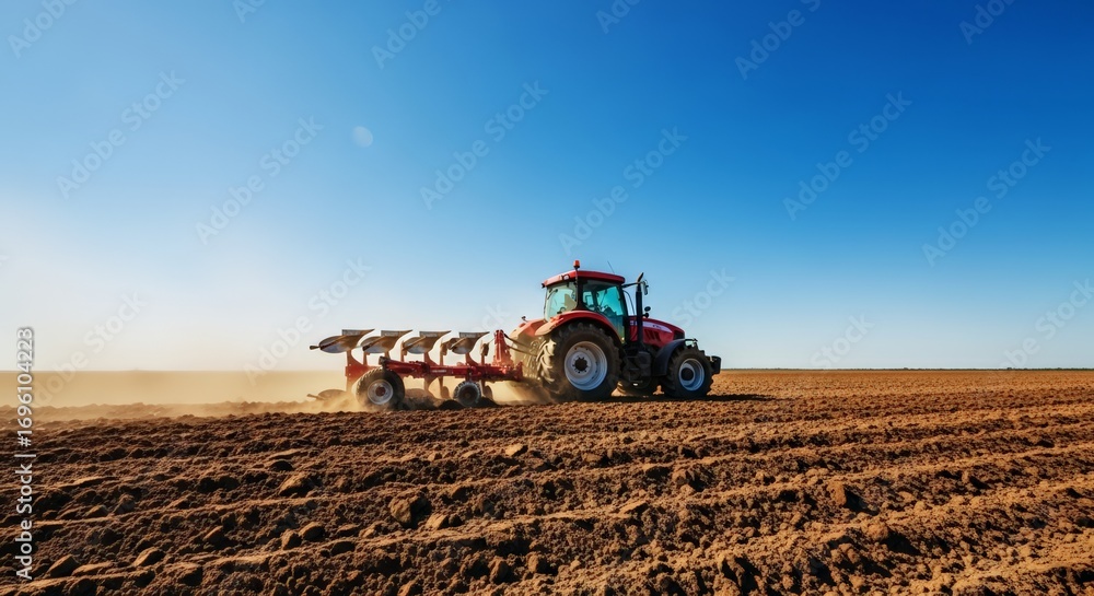 Fototapeta premium Powerful red tractor plowing fertile earth under a vast blue sky creating fertile soil for growth