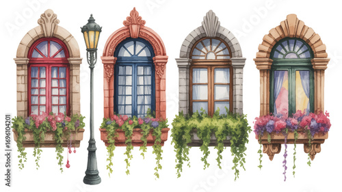 Watercolor Windows Vector Set with Flower Boxes and Street Lamp Illustration Art