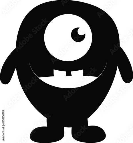 Cute one-eyed cartoon monster silhouette with big smile, round body, short arms and legs, friendly design for kids media