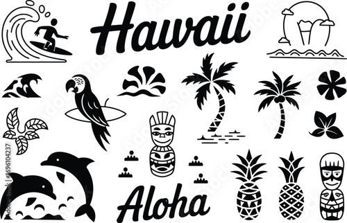 Hawaii themed elements featuring surfer, dolphin, palm trees, pineapple and traditional tiki symbols