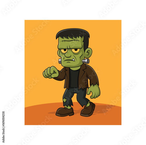 Cartoon Frankenstein monster vector illustration isolated on orange background