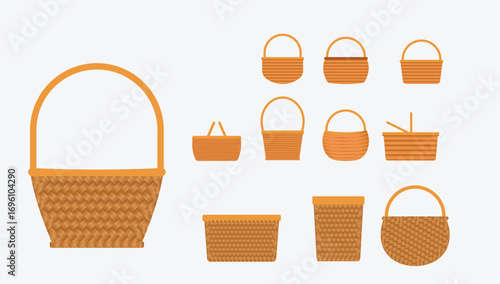 Wicker basket vector set isolated on white background