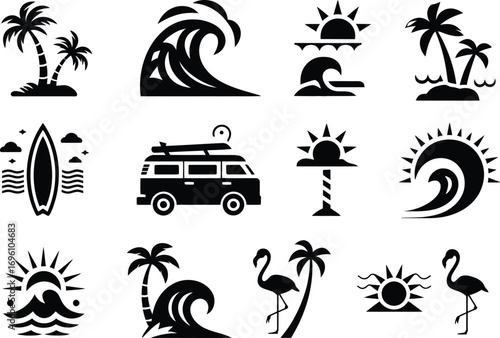 Dreamy summer surfing vibes with tropical palms, a cool van, and ocean waves for island getaways