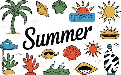 Colorful summer doodles conjure happy beach memories, perfect for vacation-themed designs and creative projects