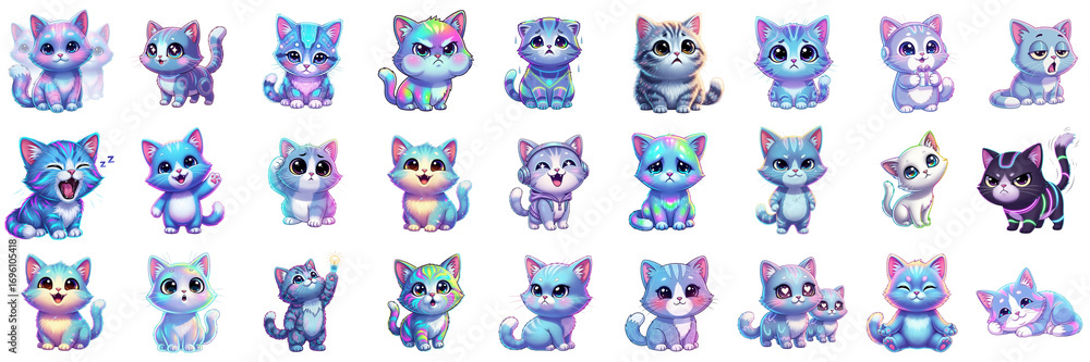 Fototapeta premium Vibrant collection of cute kitten illustrations, playful and expressive, showcasing various emotions and poses against a clean white background.