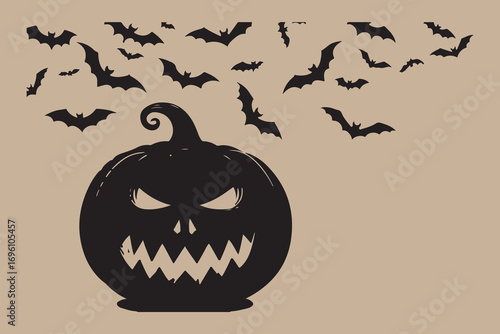 Spooky halloween pumpkin with flying bats silhouette on beige background