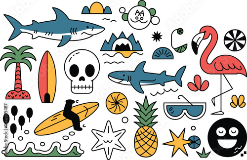 Cool summer vibes with fun tropical elements shark flamingo pineapple beach surfing and ocean adventure