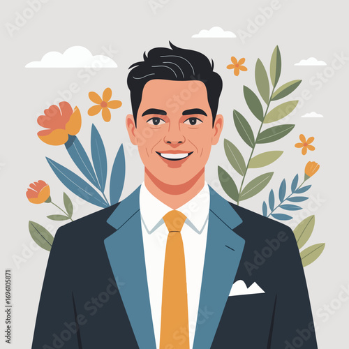 Smiling man in suit with flowers and clouds illustrationSmiling man in suit with flowers and clouds illustration