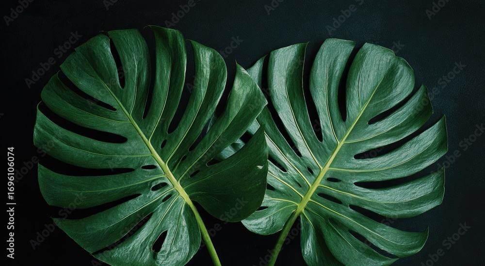 Fototapeta premium Two large, deep green monstera leaves on dark background
