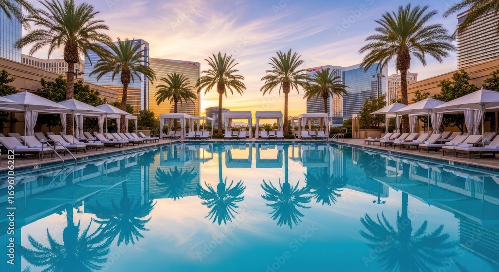 Fototapeta premium Serene pool oasis at sunset featuring palm trees and modern architecture ambiance