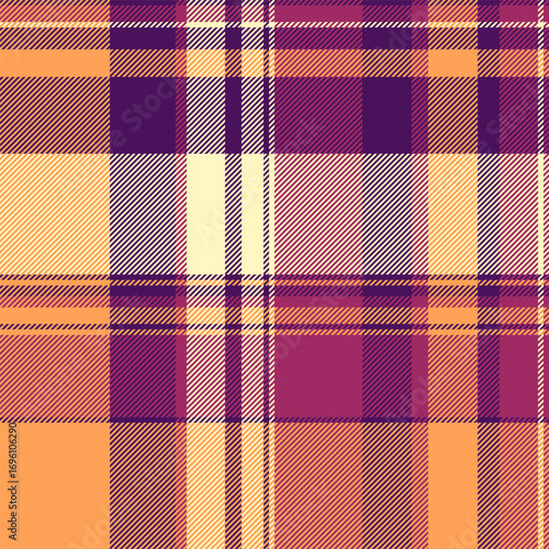 Dining background check tartan, no people plaid pattern seamless. Womens fashion fabric texture textile vector in orange and purple colors.