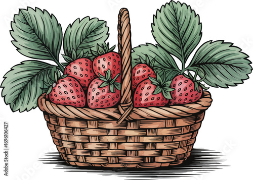 Woven Basket Filled with Ripe Strawberries and Leaves in Realistic Fresh Produce Concept Illustration