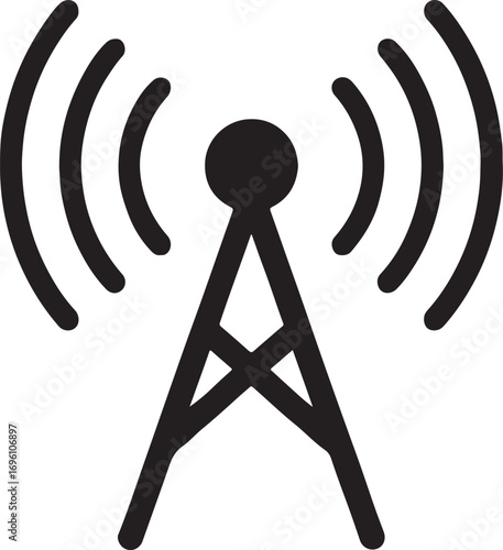 Silhouette of a radio antenna with signal waves, simple editable vector illustration design.