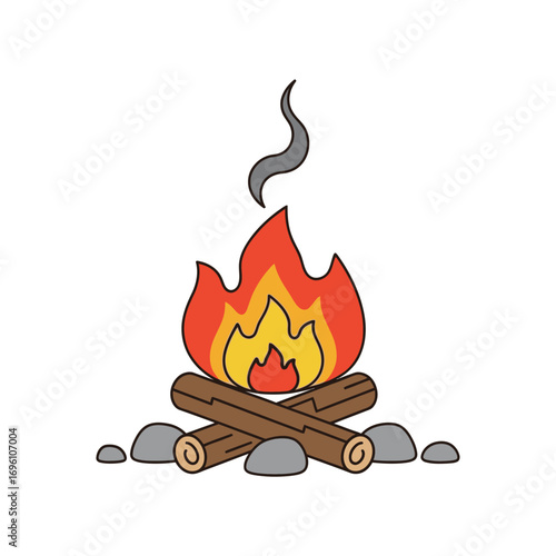 Cozy campfire with bright flames and gentle smoke, perfect for camping adventures and outdoor stories, inviting warmth and rustic charm