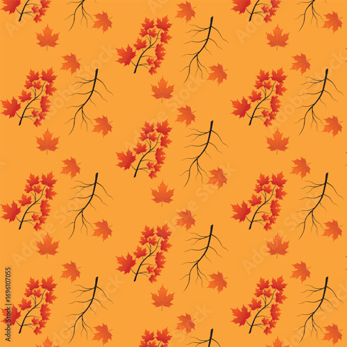 Print Autumn leaves pattern stylized fall foliage with vibrant leaves seasonal themed background illustration  wrapping paper, textiles, fabric, card, backgrounds, seasonal products, stroy,