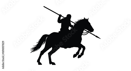 a knight riding horseback wielding sword in battle stance