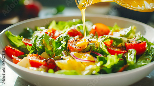 Tangy dressing being drizzled over a fresh salad in a white bowl, Light, tangy dressing drizzled over the top