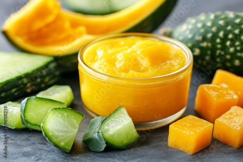 Fresh fruit puree made from ripe mango, cucumber, and cantaloupe on a kitchen counter surrounded by whole fruits