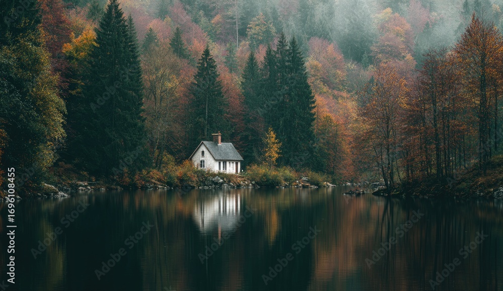 Fototapeta premium Tranquil cabin by a lake in autumn