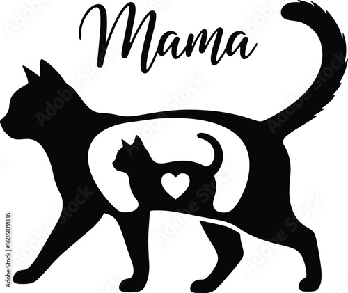Mama Cat and Kitten Silhouette with Heart – Hand Lettered Script, Mother and Baby Feline Love Vector