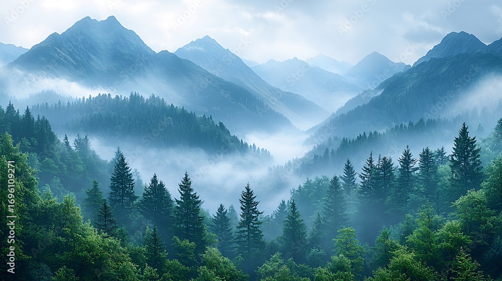 Fototapeta premium Majestic panoramic mountain range with layers of fog creating a dreamlike atmosphere