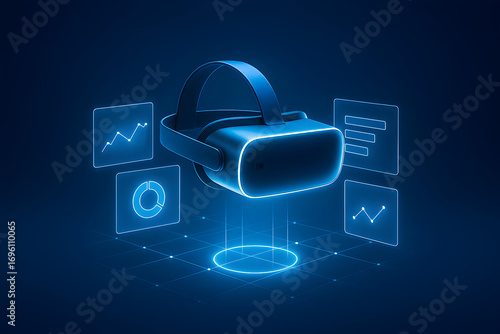VR Headset with Holographic Analytics Interface, Neon Blue, Copy Space