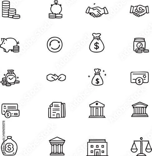 Finance and Legal Icon Set Vector – Banking, Investment, Savings, Law, Economy, Editable Line Style for Web and Print