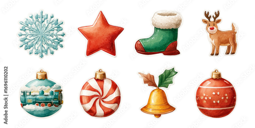 Fototapeta premium Colorful and Festive Christmas Symbols in Watercolor Style with Transparent Background
