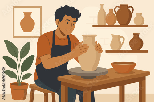 Potter at Wheel – Ceramic Vase Making Studio Vector