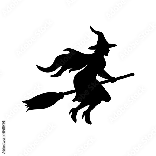 Silhouette of a witch flying on a broomstick for Halloween night