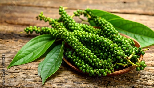 Fresh green peppercorns, still on the vine, nestled on a wooden plate. Surrounding leaves contrast against the aged wood's texture. A vibrant culinary ingredient ready for use
