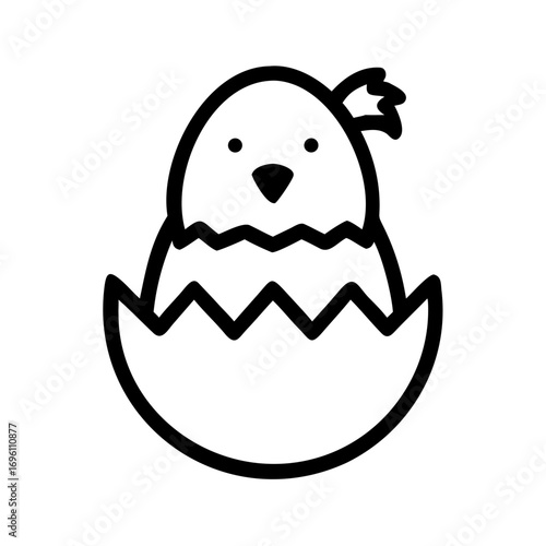 Adorable outline drawing of a happy chick hatching from a cracked eggshell