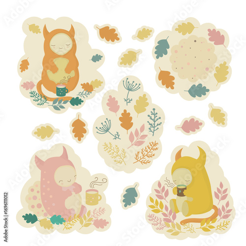 Stickers with funny, cute and friendly monsters, mugs of hot tea, chocolate, or cocoa, and cookies. Cozy picnic, outdoor rest during tea time. Childish illustrations.