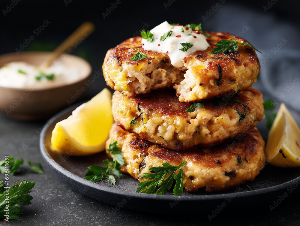 Fototapeta premium Salmon patties with lemon and yogurt sauce garnished with parsley